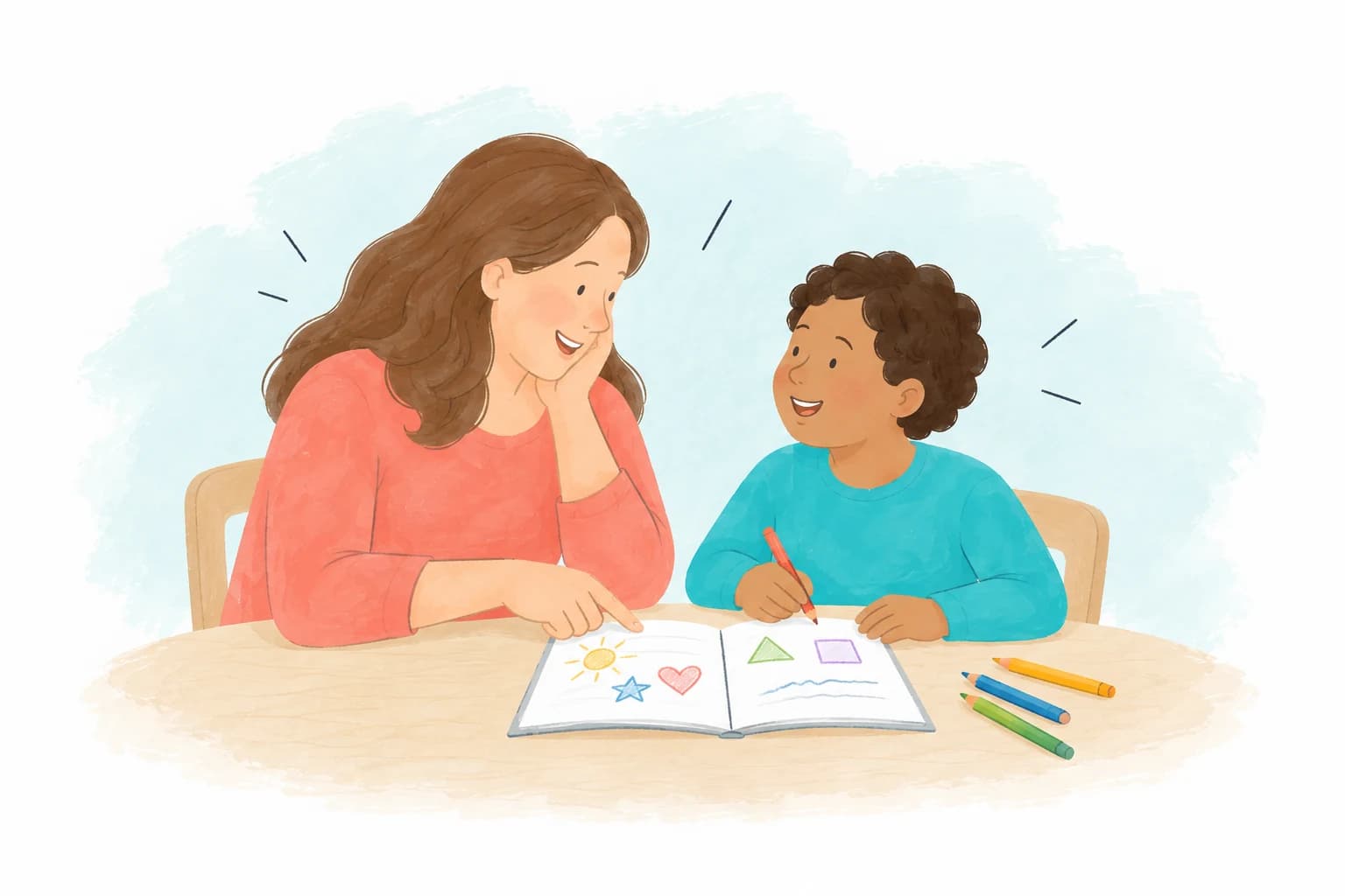 A parent and child talking about the child’s schoolwork at home.
