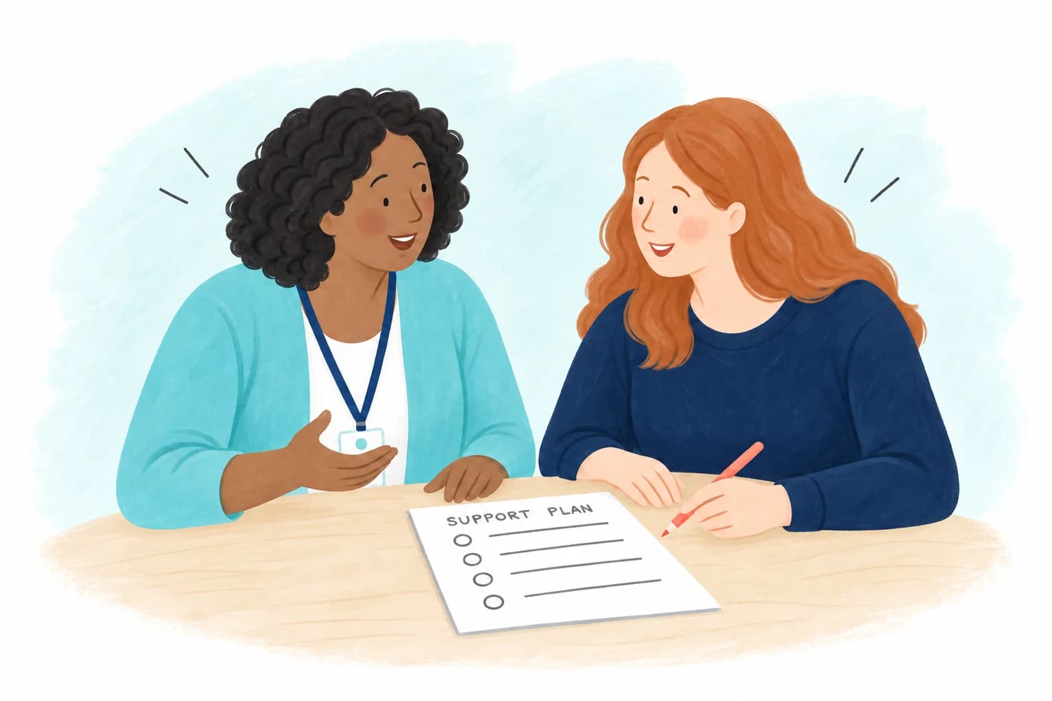 Two school colleagues discussing a pupil’s support plan together.