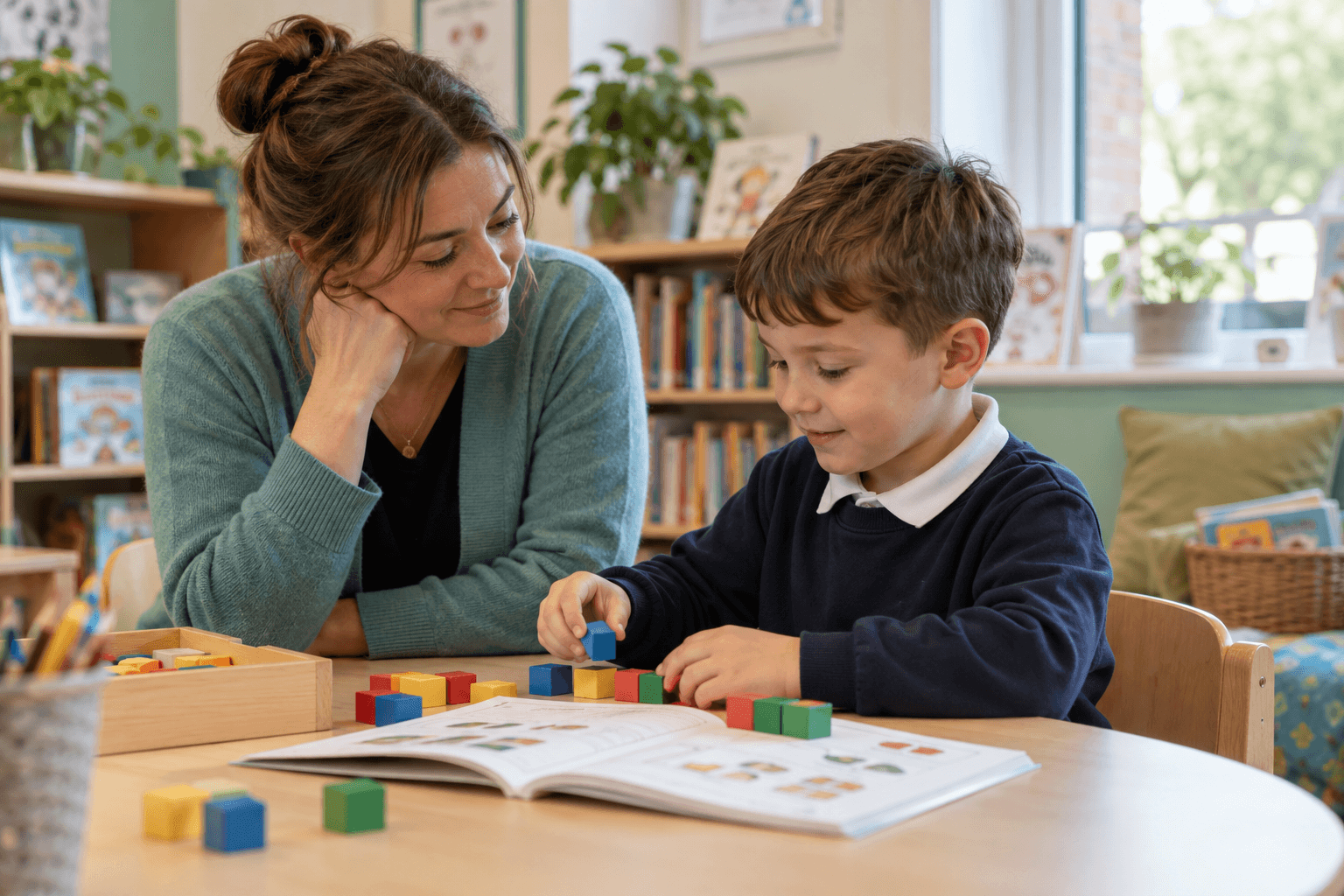 A teaching assistant and a pupil working together with counting blocks.